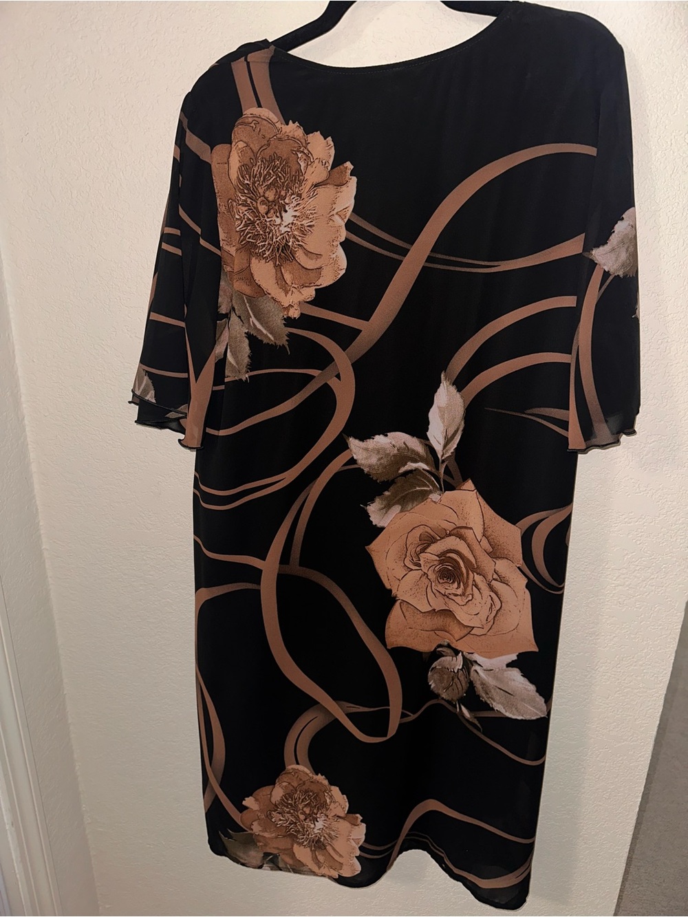 Diane Derry Black Floral Blouse with Taupe Rose Print